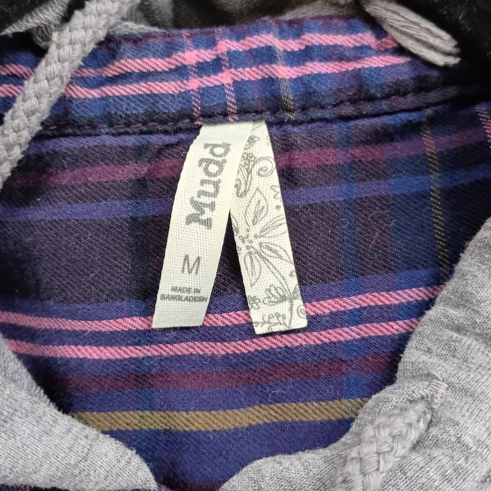 Womens MUDD Button Down Flannel Shirt With Hood Size Medium Purple Gray Y2K - Picture 6 of 6